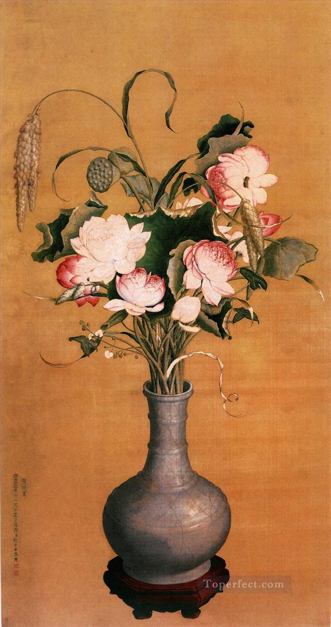 Lang shining flowers old China ink Giuseppe Castiglione floral decoration Oil Paintings